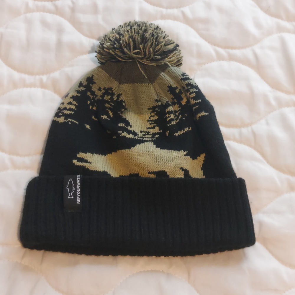 RepYourWater Fish Landscape Knit Pom Beanie Hat Black Olive Green Outdoors